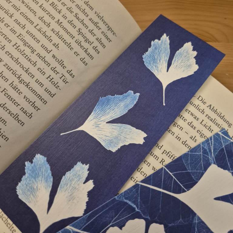 Lesezeichen mit Blaudruck, Cyanotypie, Weimar